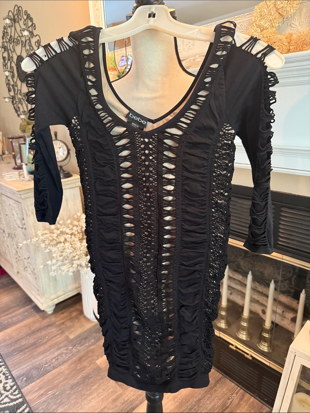 bebe Black Distressed Crochet Cutout Bodycon Dress